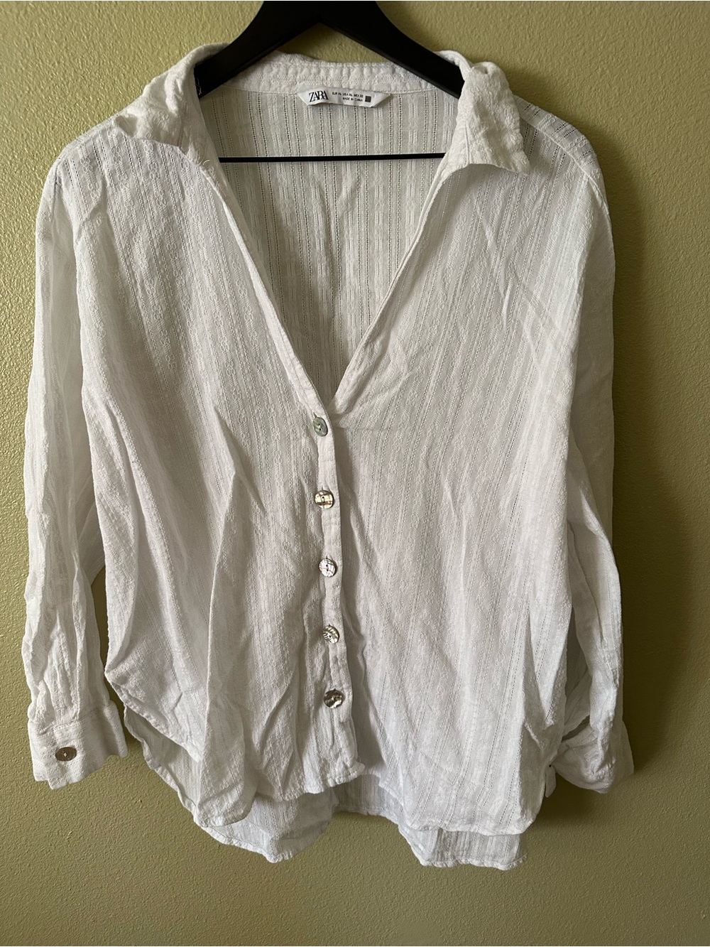 Zara 100% Cotton White Embroidered Button Down Long Sleeve Collared Shirt